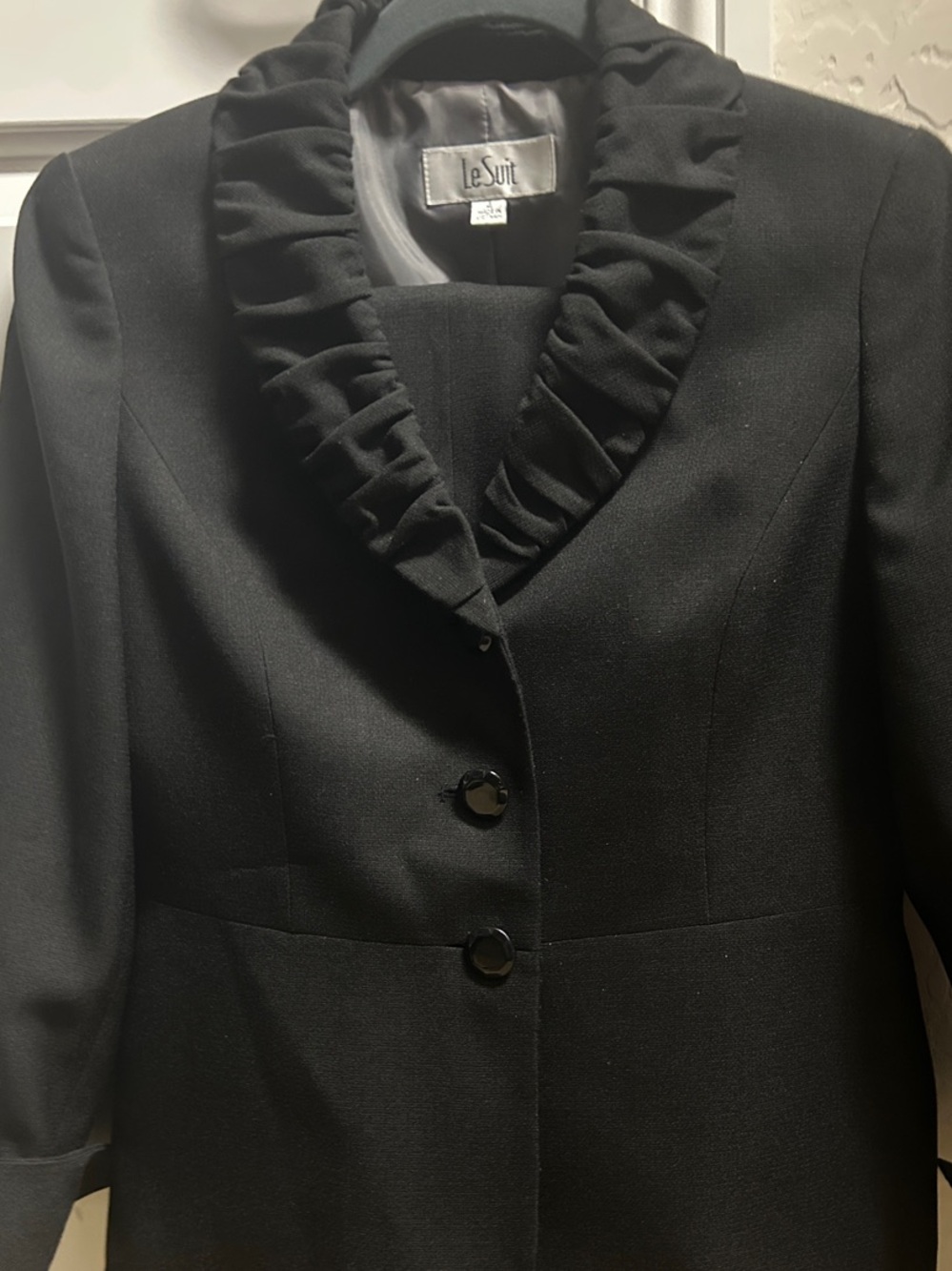 Le Suit Black Ruffle Shawl Collar Blazer